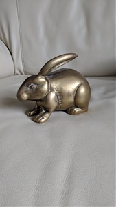 Vintage solid brass gold tone rabbit figurine paperweight with aged patina desk display preowned