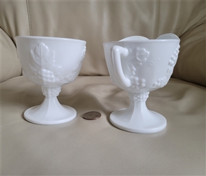 Indiana Glass Colony Harvest Grape white milk glass footed creamer pitcher and open sugar bowl set from the 1950s