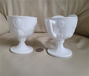 Indiana Glass Colony Harvest Grape white milk glass footed creamer pitcher and open sugar bowl set from the 1950s