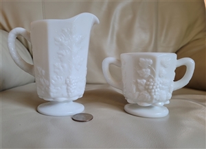 Westmoreland white milk glass creamer and double handled open sugar bowl in Paneled Grape pattern from the 1950s