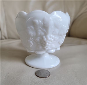 Vintage Westmoreland white milk glass bowl with raised Paneled Grape pattern on a round pedestal base