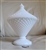 Westmoreland white milk glass round candy dish with sharp diamond point pattern on a pedestal base with matching round pointed lid