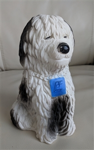 Vintage white shaggy dog money bank PF Japan plastic puppy figurine