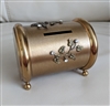 Vintage Gold Tone Products NYC metal barrel money bank with floral rhinestones