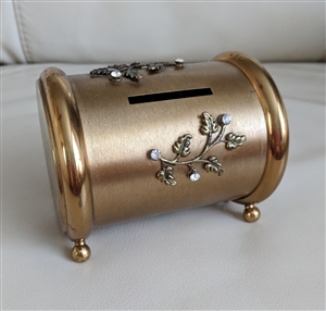 Vintage Gold Tone Products NYC metal barrel money bank with floral rhinestones