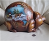 Large vintage porcelain pig money bank hand painted with sled ride and castle scene