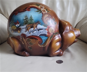 Large vintage porcelain pig money bank hand painted with sled ride and castle scene