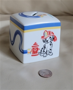 Tiffany and Co Dalmation Fire Station Money Bank white porcelain with colorful decoration