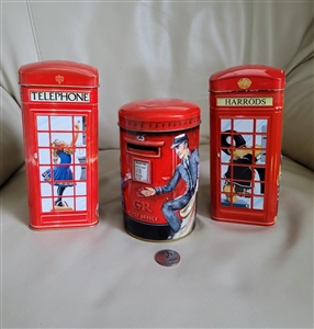 London tin bank set red telephone booths and round post office box tins