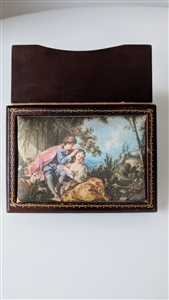 Vintage Boucher wooden music jewelry box with romantic lovers meeting tapestry top and gold scrollwork