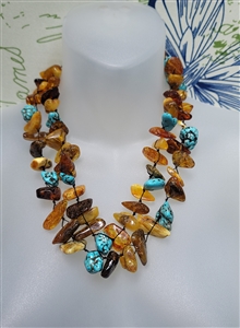 1990s polish artisan baltic amber and turquoise tiered statement necklace chunky art design