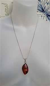 new old stock vintage polish artisan dark cognac baltic amber teardrop pendant with sterling silver chain