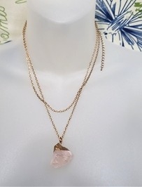 vintage preowned long dangle pink quartz pendant necklace with gold tone chain