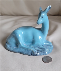 Blue porcelain deer figurine by Beswick England shown from multiple angles with reference coin