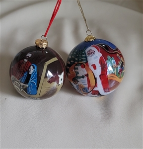 Pair of vintage Christmas glass North Pole Santa bulb and plastic Nativity scene ornaments colorful design