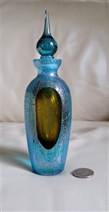 Vintage Fifth Avenue blue crystal perfume bottle with geode texture and yellow glass insert