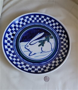 Large Debbie Dean clay rabbit serving plate with cobalt blue checkered rim and gray stoneware base