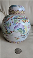 Vintage Chinese hand painted porcelain ginger jar with colorful butterflies and lid
