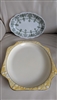 Vintage 1930s Crooksville Ohio octagonal yellow serving platter and antique 1900s Staffordshire England green earthenware display platter set