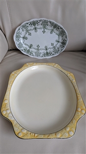 Vintage 1930s Crooksville Ohio octagonal yellow serving platter and antique 1900s Staffordshire England green earthenware display platter set