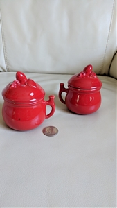 Majolica lidded jars set 1960s Peasant Village Italian red pottery chili pepper finial lid base mark sign PV
