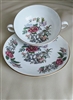 Vintage 1950 Wedgwood Cathay fine bone china two handled cream soup bowl and underplate with pink and blue flowers and birds