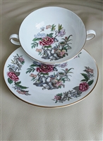 Vintage 1950 Wedgwood Cathay fine bone china two handled cream soup bowl and underplate with pink and blue flowers and birds