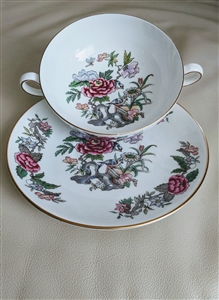 Vintage 1950 Wedgwood Cathay fine bone china two handled cream soup bowl and underplate with pink and blue flowers and birds
