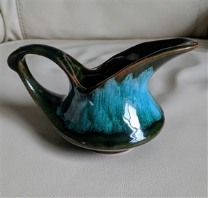 Vintage Victoria BC hand-thrown red clay art pottery vessel with turquoise and brown drip glaze from the 1960s