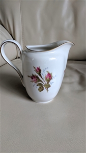 Rosenthal Selb Germany Helena pattern white porcelain creamer pitcher with pink moss roses and gold trim from the 1950s