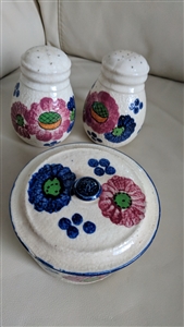 Rare Boleslawiec Revelation Polish stoneware hand painted floral spice shakers and lidded jar set