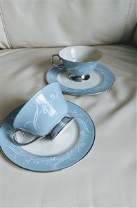 Snow Tulip Strata Blue by Flintridge porcelain teacup saucer set in elegant design