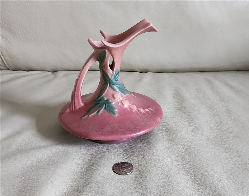 Vintage Roseville USA Bleeding Heart art pottery pedestal ewer in pink and green with embossed floral design