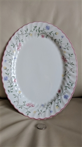 Johnson Brothers Summer Chintz white earthenware 11-3/4 inch oval serving platter with floral vine pattern and pink scalloped edge