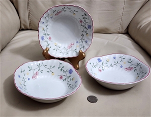 Johnson Brothers Summer Chintz white earthenware 6 inch square cereal bowls set of 3 with floral vine pattern and pink scalloped rim