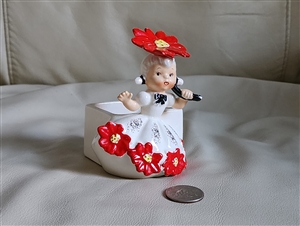 Vintage 1956 Napco Japan girl planter IC2853 red flower umbrella and floral dress