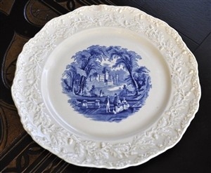 Large vintage Masons Oak Vista cream ironstone plate with a blue landscape center and embossed oak leaf border