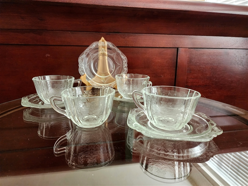 Vintage Indiana Glass Recollection clear pressed glass teacups and saucers set