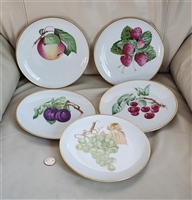 Heinrich Selb Bavaria German porcelain fruit plates 5 piece gold trim strawberry apple cherry plum grape designs 1930s