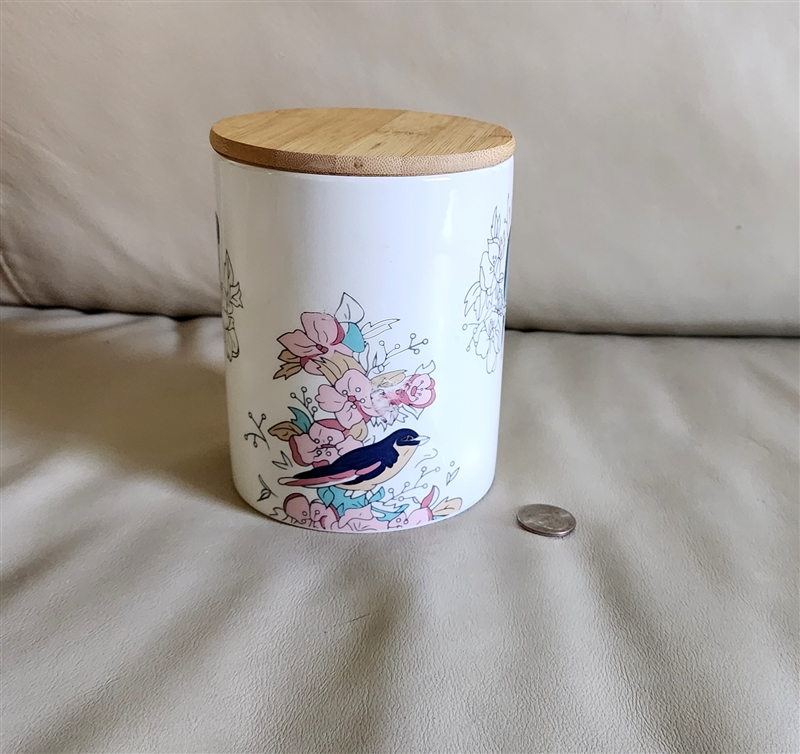 Shabby Chic white ceramic kitchen canister jar with bluebird and floral illustration and wooden lid