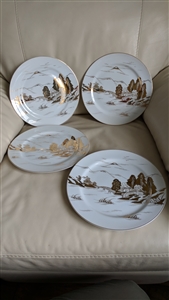 Kutani Mt Fuji set of 4 dinner plates gold color