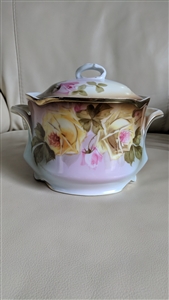 Antique Jaeger JC Bavaria Louise porcelain lidded casserole dish with hand-painted roses and gold trim
