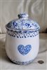 Folkcraft stoneware Sponge heart and Rooster jar in white and blue design with spots and heart decor