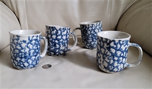 Folkcraft by Tienshan Sponge stoneware 4 mugs cups in white and blue spotted application
