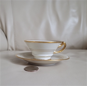 Preowned vintage Hertel Jacob Bavaria US Zone porcelain demitasse cup and saucer set with gold detailing