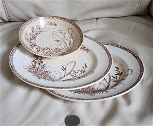 Antique 1880 Booths Hawthorn pattern English brown transferware set with two dinner plates and one bowl