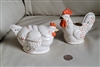 Vintage 1950s Japanese ceramic rooster creamer and lidded hen sugar bowl set with glossy white finish and hand-painted details