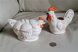 Vintage ceramic rooster creamer and hen sugar bowl set from Japan
