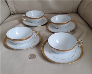 Noritake Gold border porcelain teacups and saucers in white and gold tone design