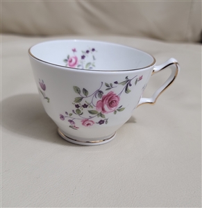 Vintage Staffordshire porcelain demi-tasse cup with rose and purple floral pattern and gold trim